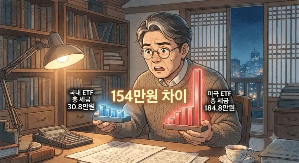 ETF 새금 구조 1억 투자 시 국내 ETF와 미국 ETF의 세금 154만원 차이를 보여주는 지브리풍 일러스트