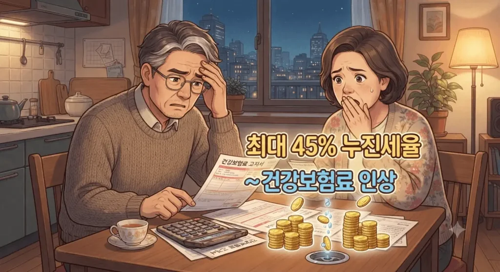 ETF 세금 구조 5060 은퇴 세대가 미국 ETF 세금과 건강보험료 이중 부담을 겪는 모습을 보여주는 지브리풍 일러스트