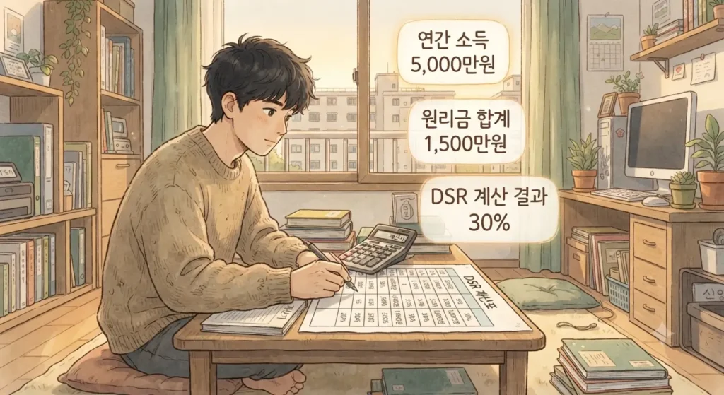 DSR 계산법 핵심 공식을 실제 사례에 적용하는 과정을 보여주는 지브리풍 일러스트