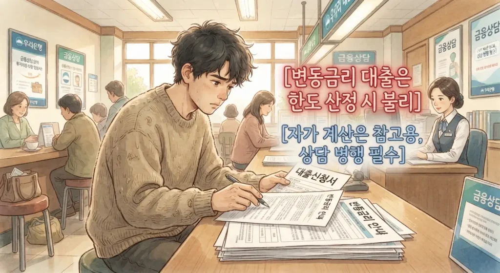 DSR 계산법 활용 시 변동금리 대출과 관련된 주의사항을 보여주는 지브리풍 일러스트
