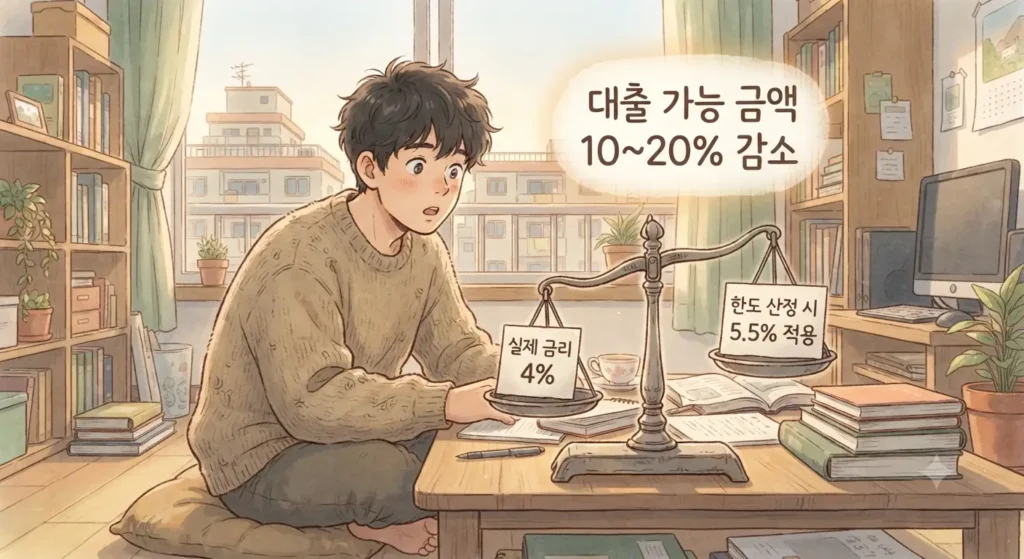 DSR 계산법에 스트레스 DSR이 적용되어 실제 대출 한도가 줄어드는 것을 보여주는 지브리풍 일러스트