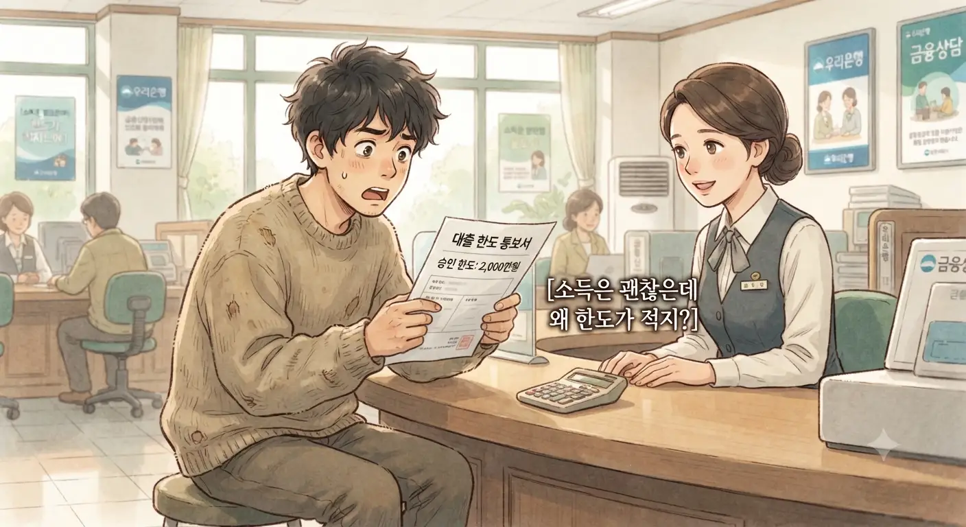 DSR 계산법을 이해하지 못해 대출 한도에 놀라는 모습을 담은 지브리풍 일러스트