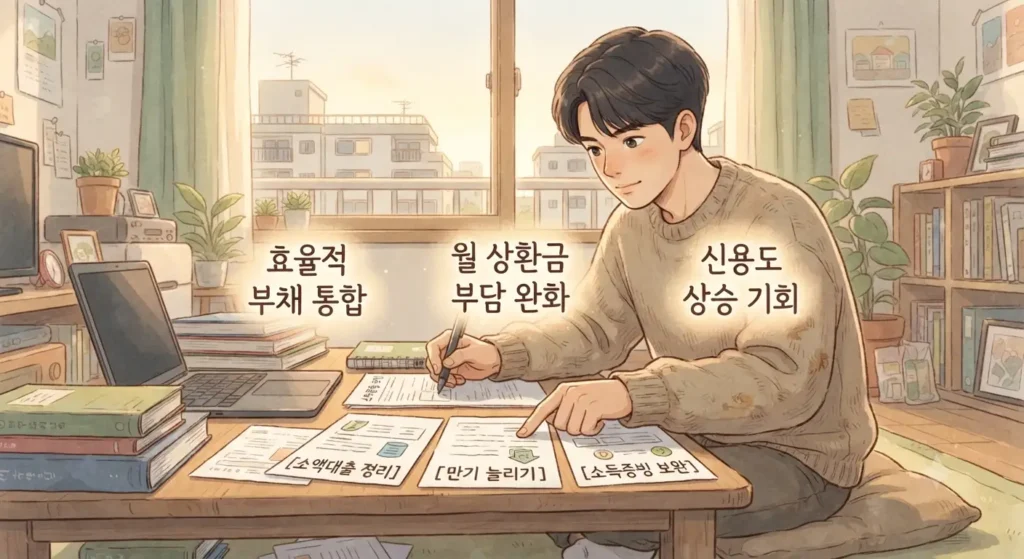 DSR 계산법을 활용해 대출 한도를 높이는 3가지 실전 비법을 보여주는 지브리풍 일러스트