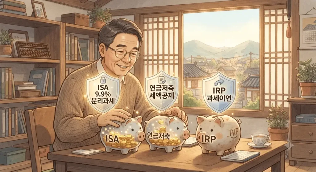 ETF 세금 구조 ISA, 연금저축, IRP 절세 계좌를 활용해 세금을 줄이는 방법을 보여주는 지브리풍 일러스트