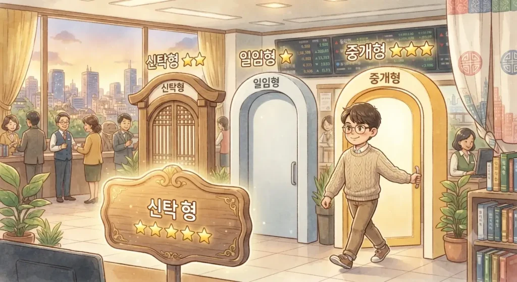 ISA 운영법 중 중개형 ISA가 초보자에게 가장 추천되는 이유를 보여주는 지브리풍 일러스트