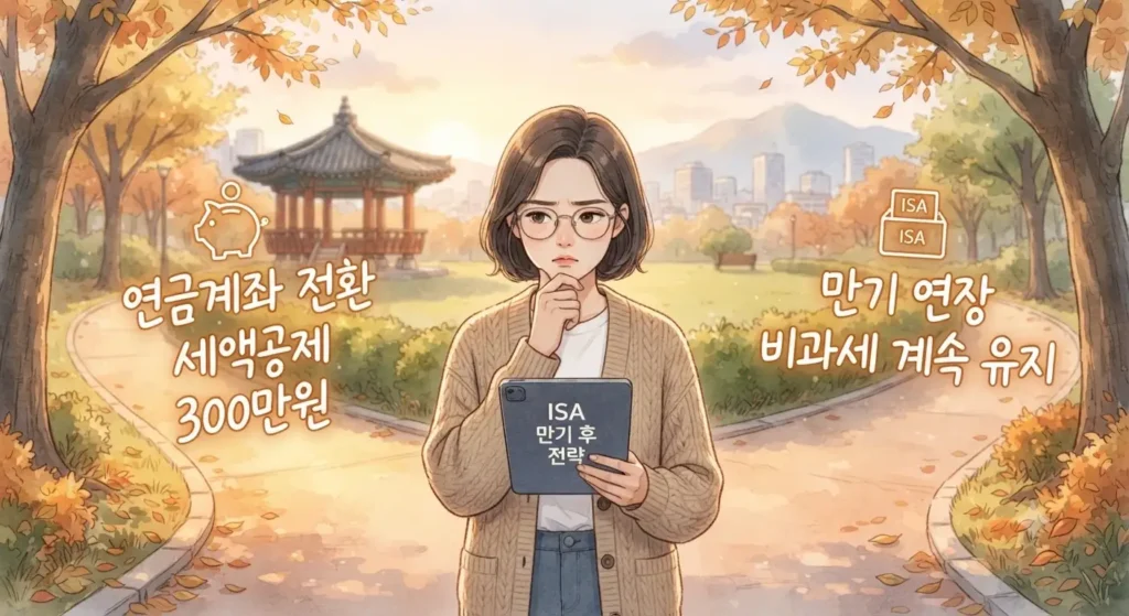 ISA 운영법에서 3년 만기 이후 연금계좌 전환과 만기 연장 두 가지 전략을 보여주는 지브리풍 일러스트