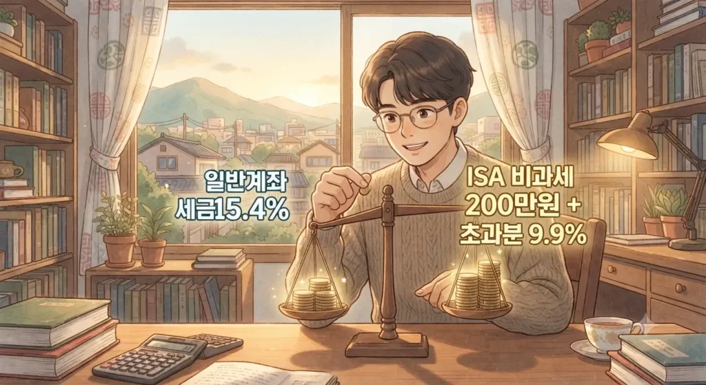 ISA 운영법으로 일반계좌보다 세금을 줄이는 비과세 혜택을 비교하는 지브리풍 일러스