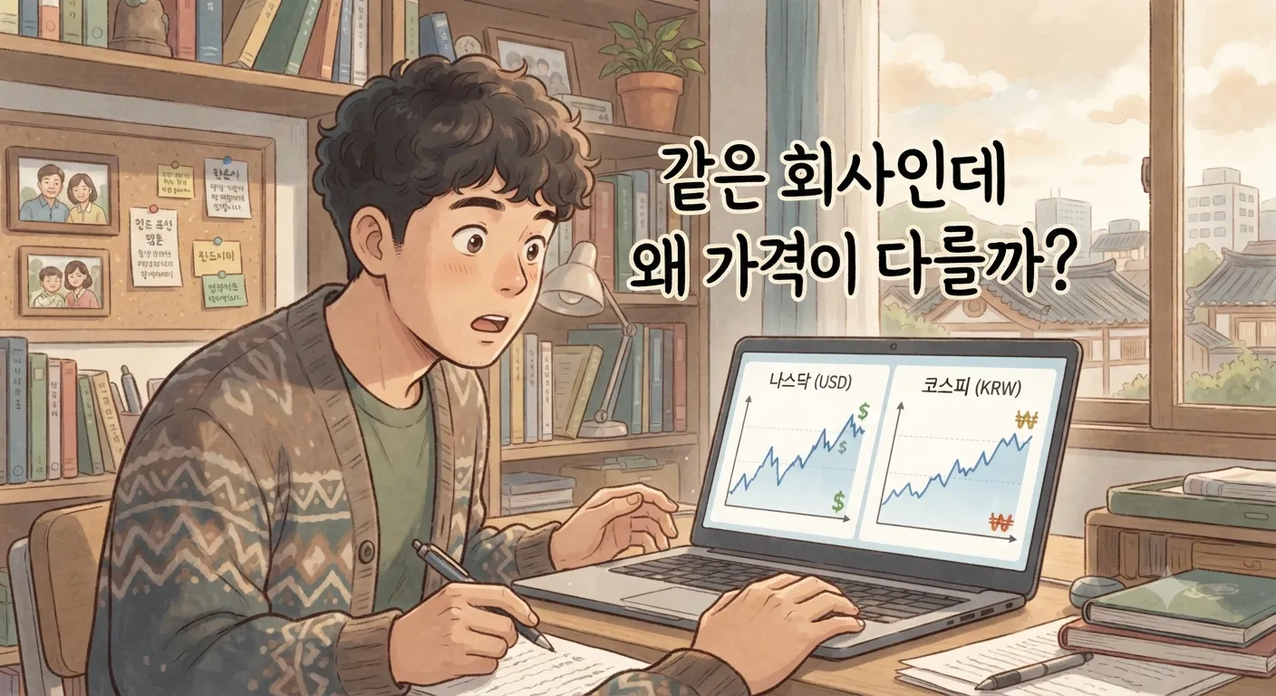 SK하이닉스 ADR상장 후 국내주가와 다른 가격에 궁금해하는 모습을 담은 지브리풍 일러스트