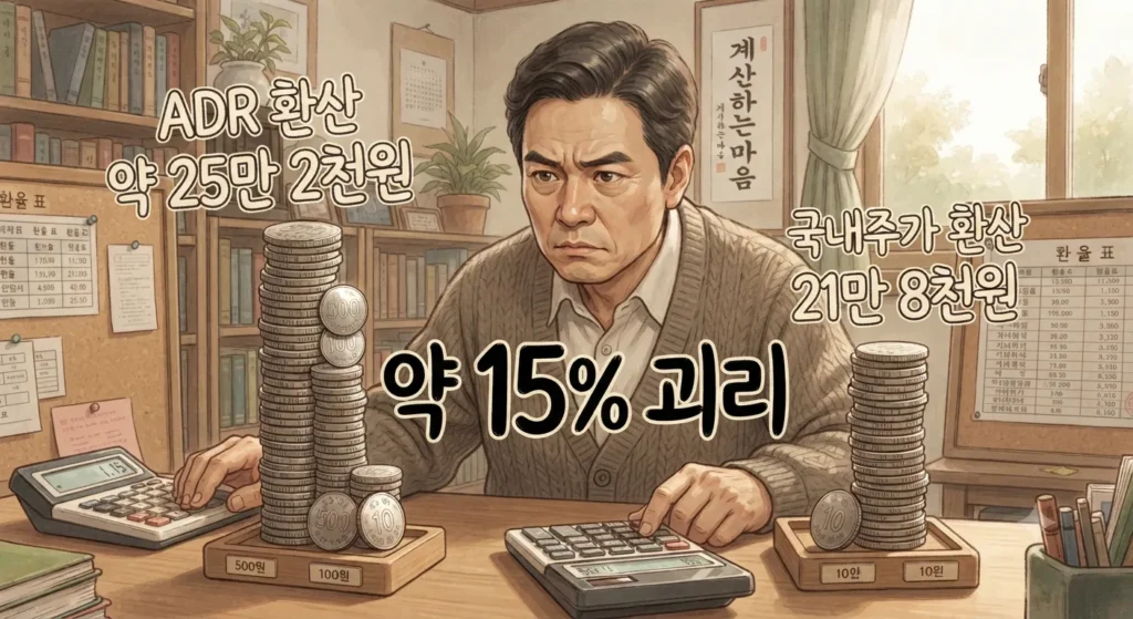 SK하이닉스 ADR상장 후 국내주가와 미국 ADR 가격 사이 15% 괴리를 계산한 지브리풍 일러스트