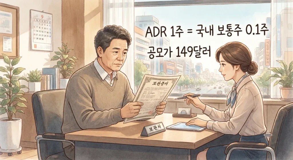 SK하이닉스 ADR상장에서 ADR 1주와 국내 보통주의 비율을 설명하는 지브리풍 일러스트