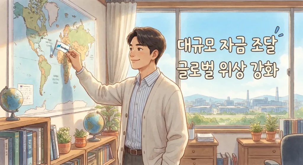 SK하이닉스 ADR상장이 회사와 시장에 갖는 의미를 보여주는 지브리풍 일러스트