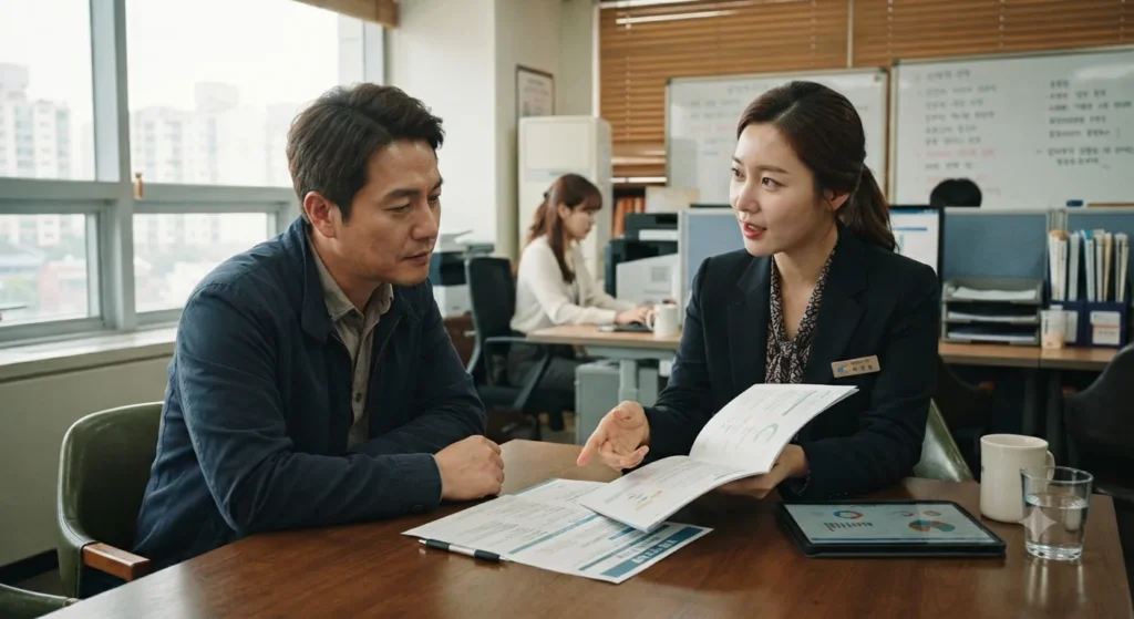 간병보험 치매간병비 상품 가입 전 상담을 받는 모습