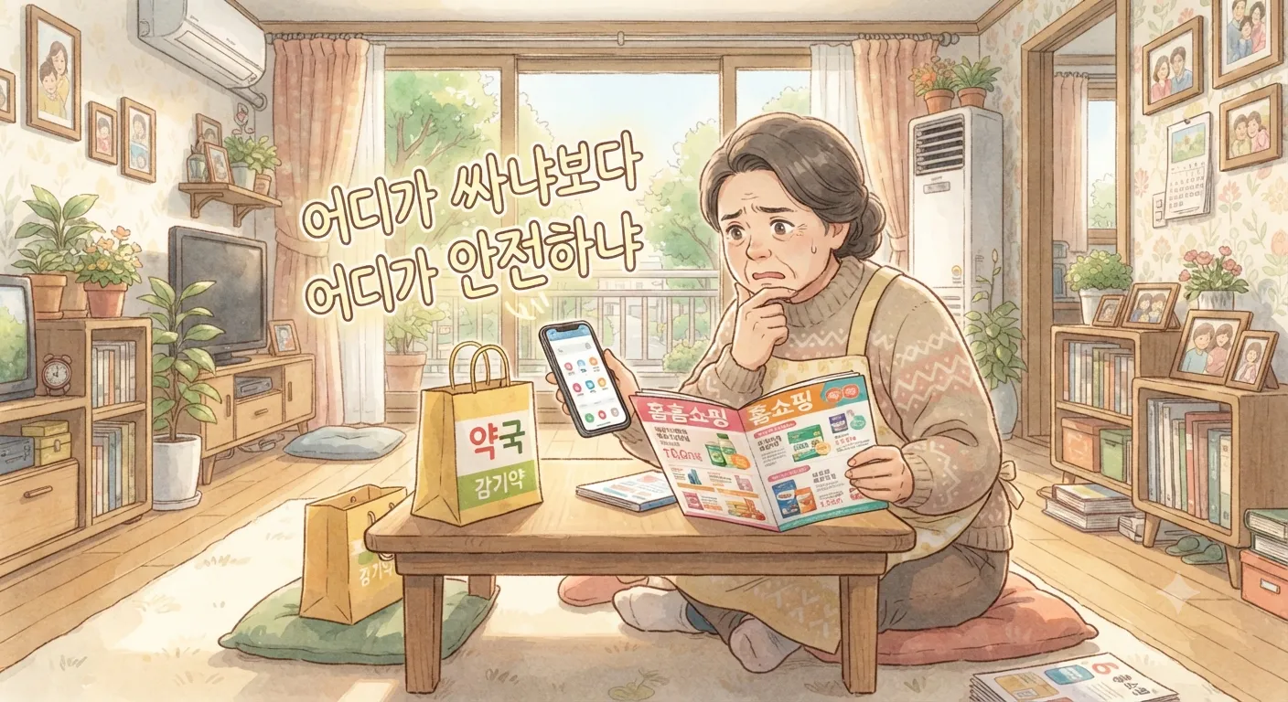 건강식품 구매처 비교를 고민하는 소비자의 모습을 담은 지브리풍 일러스트