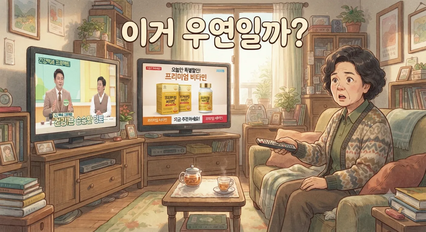 건강식품 연계편성 방송의 우연 같은 패턴을 발견하는 모습을 담은 지브리풍 일러스트