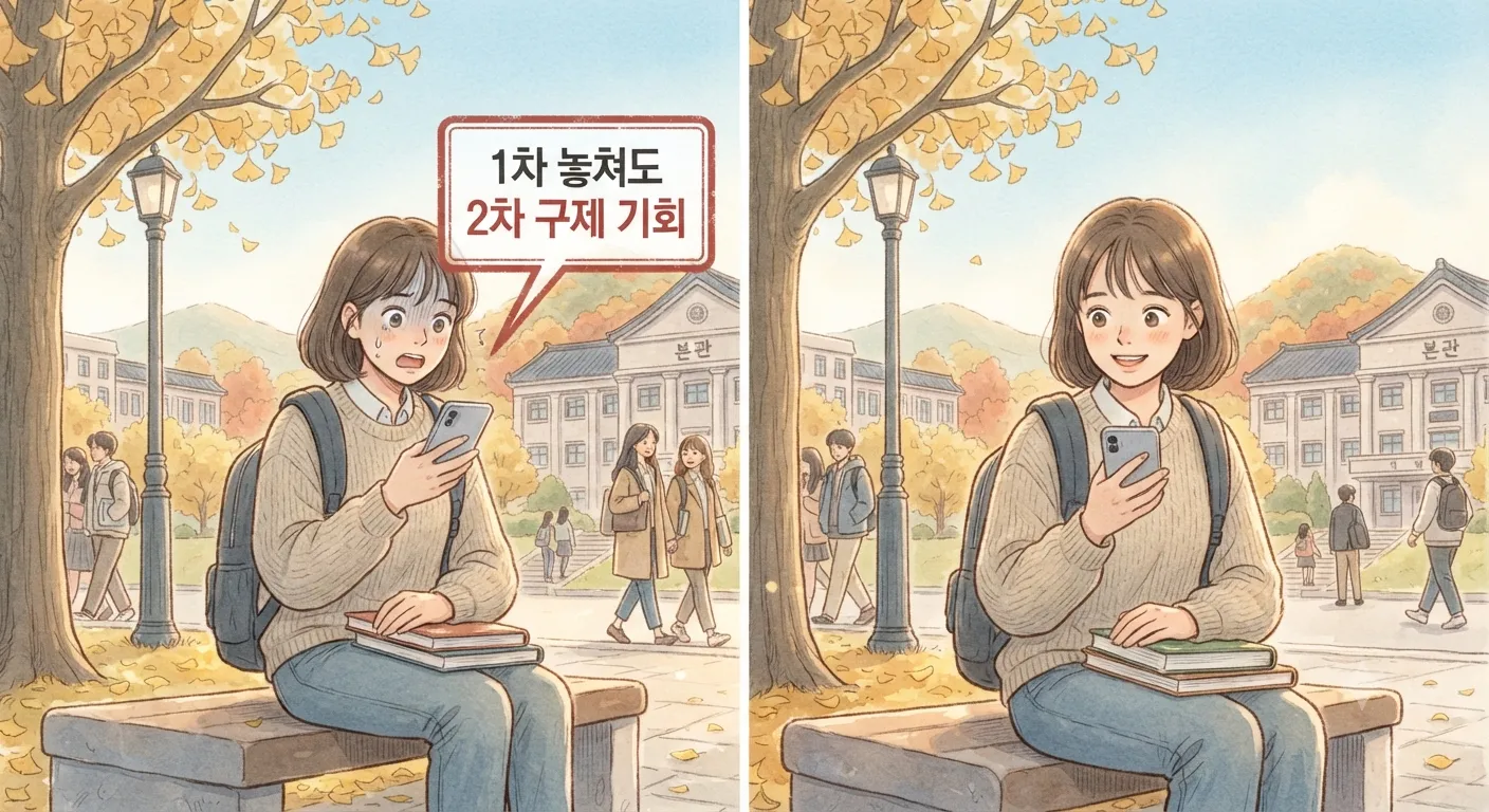 국가장학금 2학기분 신청 1차를 놓쳤어도 구제 기회를 찾는 대학생의 모습을 담은 지브리풍 일러스트