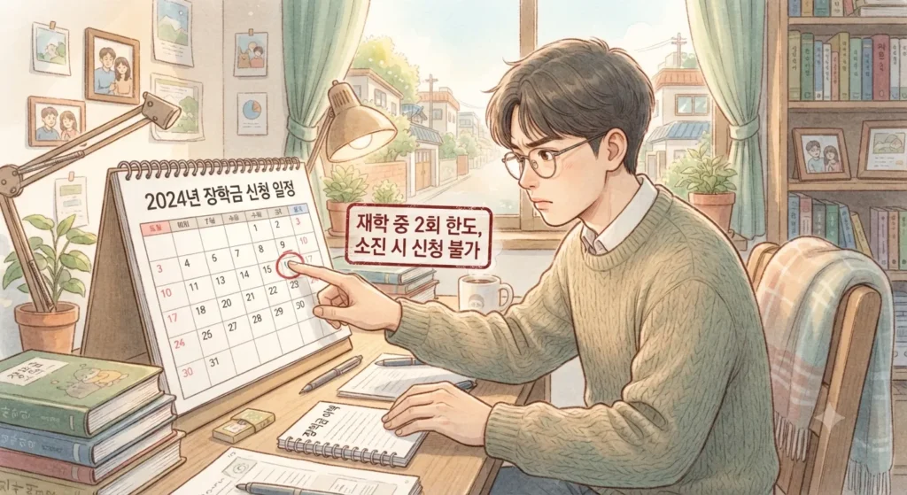 국가장학금 2학기분 신청 1차를 놓쳤을 때 남은 구제 횟수를 확인해야 한다는 내용을 보여주는 지브리풍 일러스트