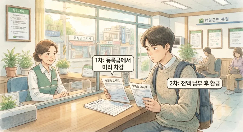 국가장학금 2학기분 신청 1차와 2차의 지급 방식 차이를 보여주는 지브리풍 일러스트