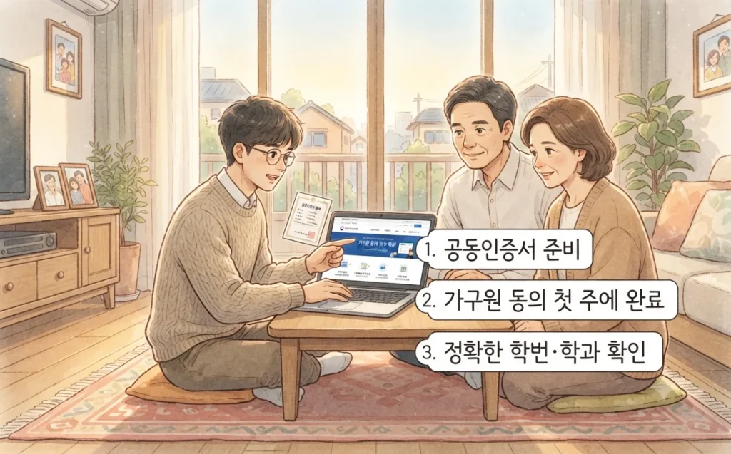 국가장학금 2학기분 신청 전 챙겨야 할 필수 준비물을 보여주는 지브리풍 일러스트