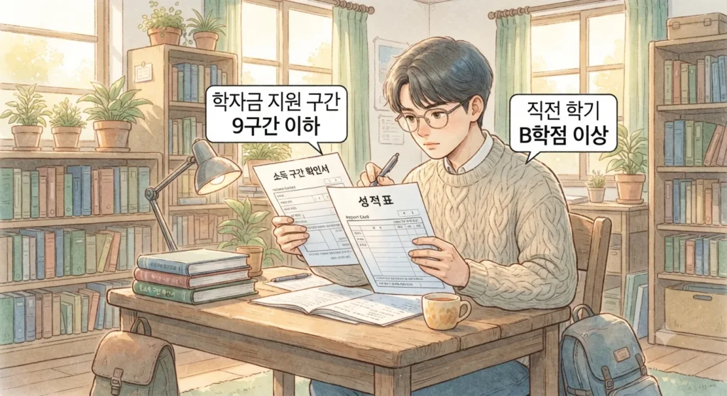 국가장학금 2학기분 신청을 위한 성적과 소득 구간 요건을 확인하는 모습을 보여주는 지브리풍 일러스트