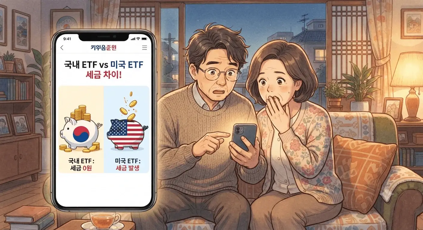 ETF 세금 구조 국내 ETF와 미국 ETF의 세금 차이를 보여주는 지브리풍 일러스트