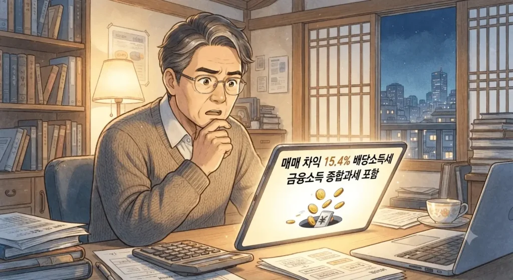 ETF 세금 구조 국내 상장 미국 ETF는 매매 차익에 15.4% 세금이 붙는다는 것을 보여주는 지브리풍 일러스트
