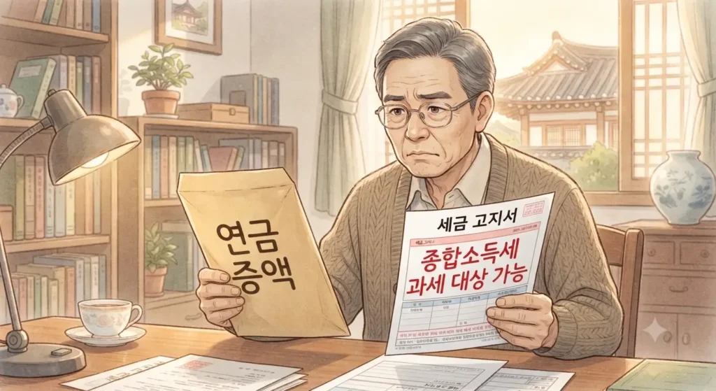 국민연금 연기연금 선택 시 종합소득세 과세 위험을 주의해야 한다는 내용을 보여주는 지브리풍 일러스트