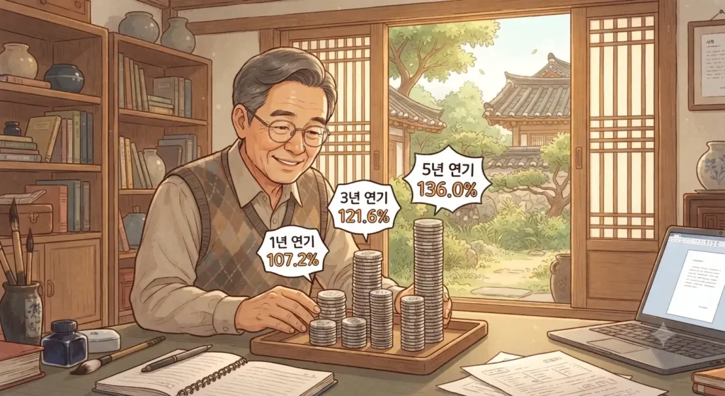 국민연금 연기연금 신청 시 연 7.2 증액되는 효과를 보여주는 지브리풍 일러스트