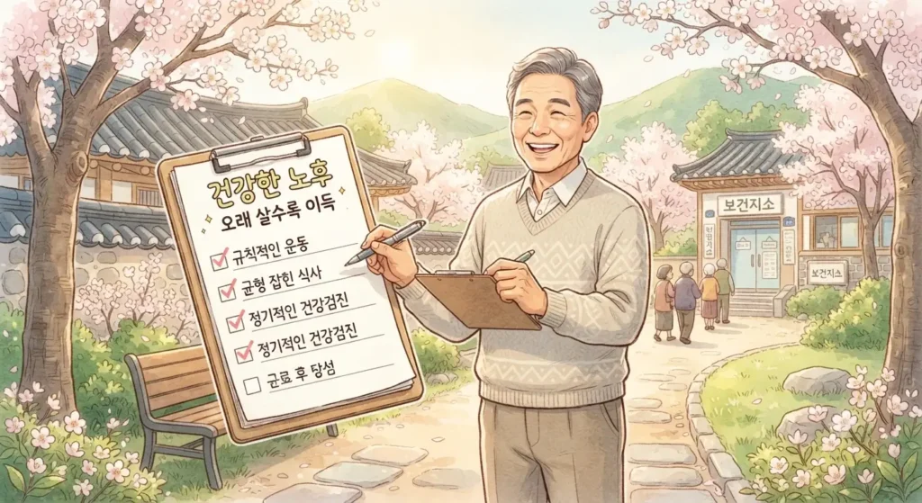 국민연금 연기연금 신청 전 장수 리스크와 건강 상태를 점검하는 체크리스트를 보여주는 지브리풍 일러스트