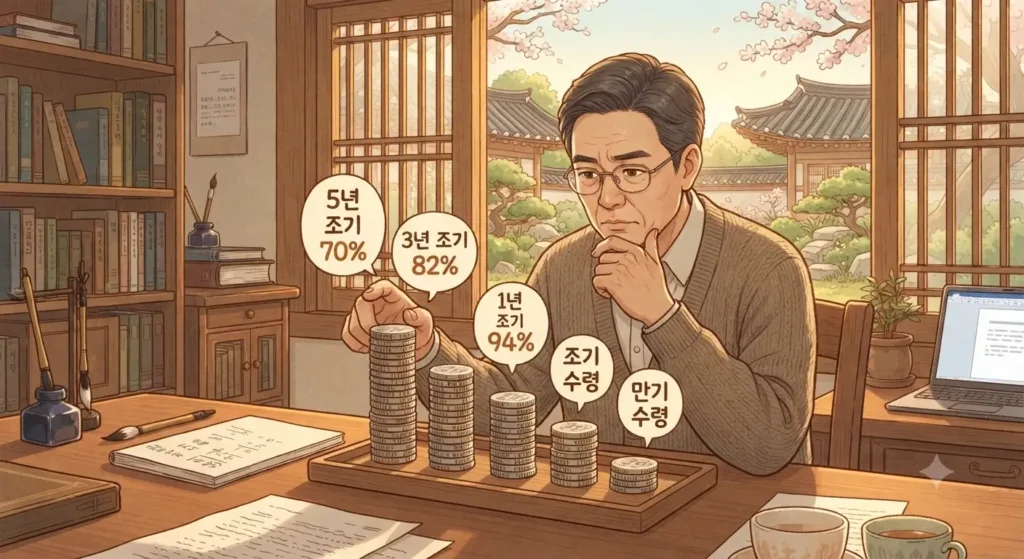 국민연금 조기수령 시 최대 5년 앞당기면 평생 30% 감액되는 구조를 보여주는 지브리풍 일러스트
