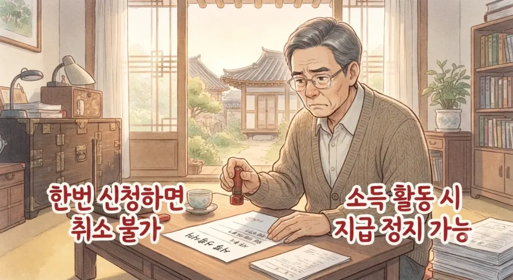 국민연금 조기수령 신청 전 취소 불가와 지급 정지 위험을 주의해야 한다는 내용을 보여주는 지브리풍 일러스트