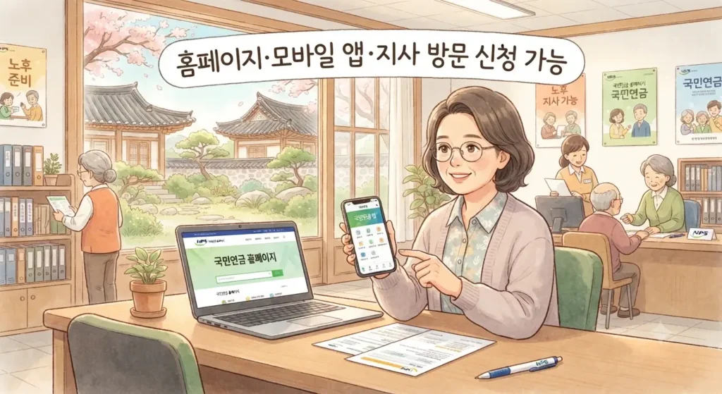 국민연금 조기수령 신청방법과 다양한 신청 경로를 보여주는 지브리풍 일러스트