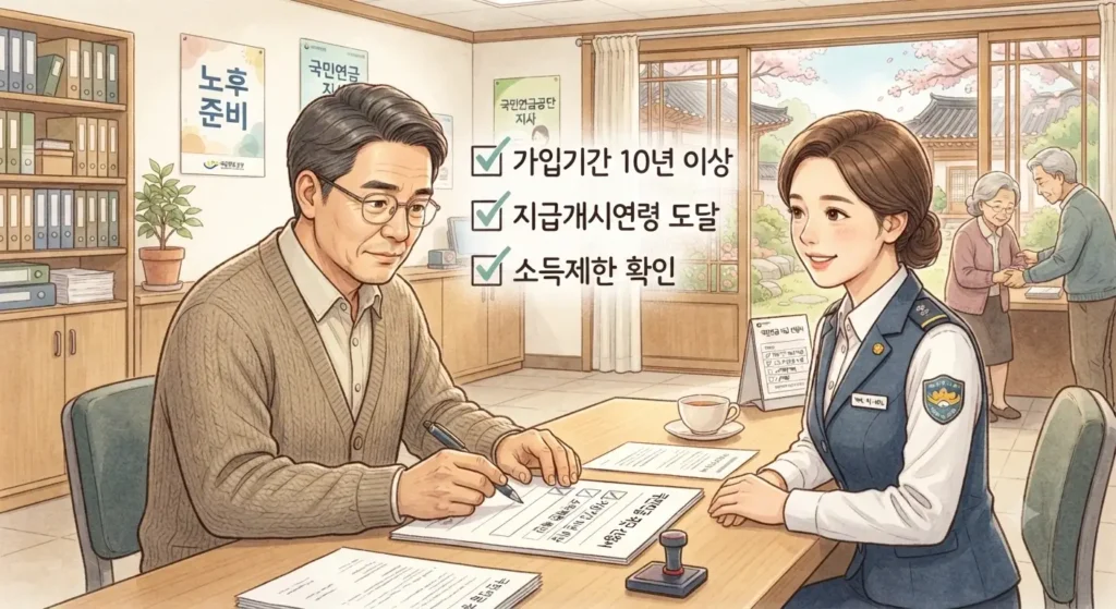 국민연금 조기수령을 위한 필수 조건 3가지를 확인하는 모습을 보여주는 지브리풍 일러스트