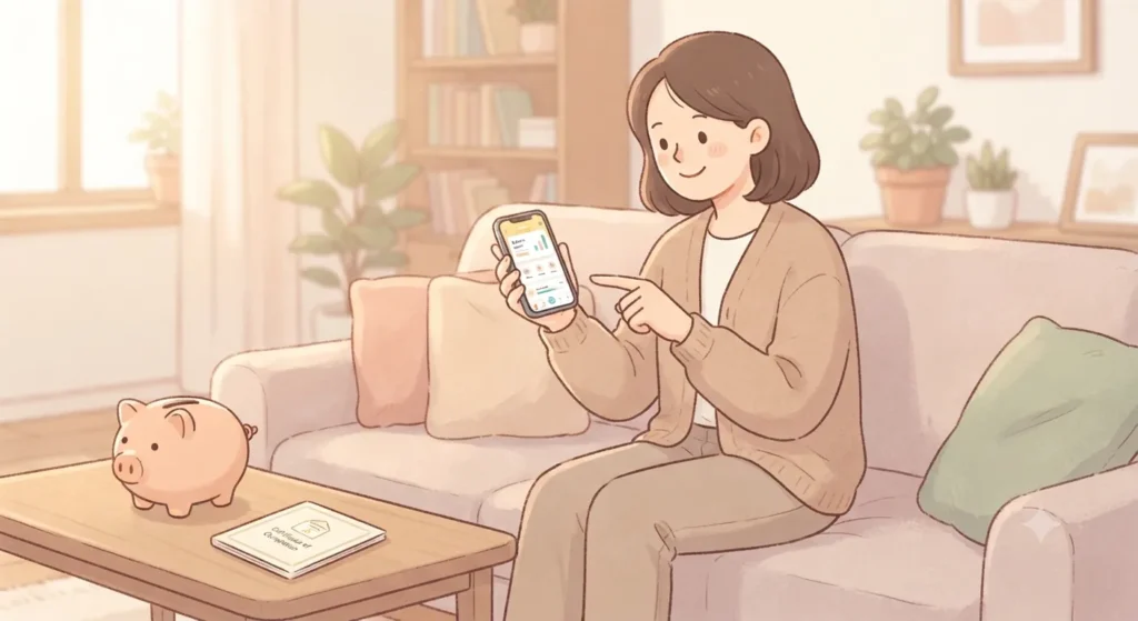 내일배움카드 실업급여 지원금 중 어떤 항목이 지급되는지 스마트폰으로 확인하는 모습