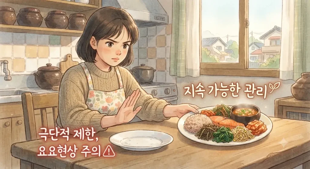 당뇨 전단계 식단 관리 시 극단적 제한과 요요현상을 주의해야 한다는 내용을 보여주는 지브리풍 일러스트