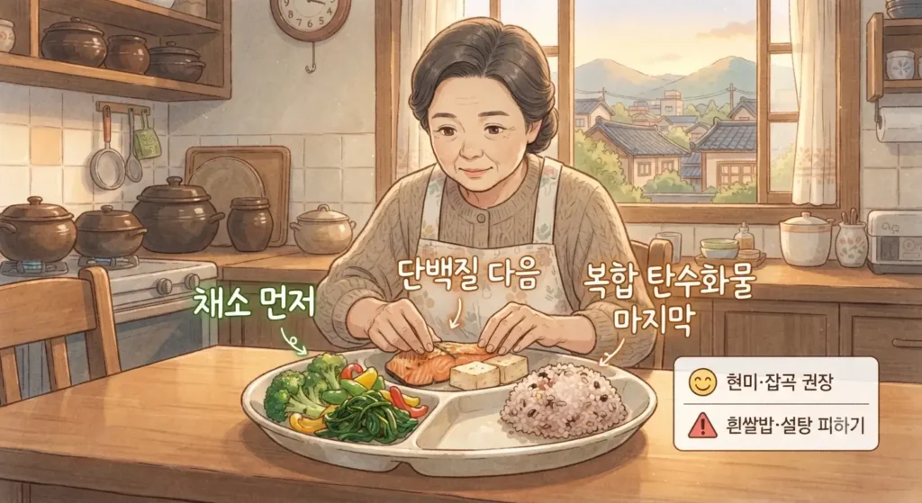 당뇨 전단계 식단 구성의 핵심 원칙인 거꾸로 식사법과 복합 탄수화물 선택을 보여주는 지브리풍 일러스트