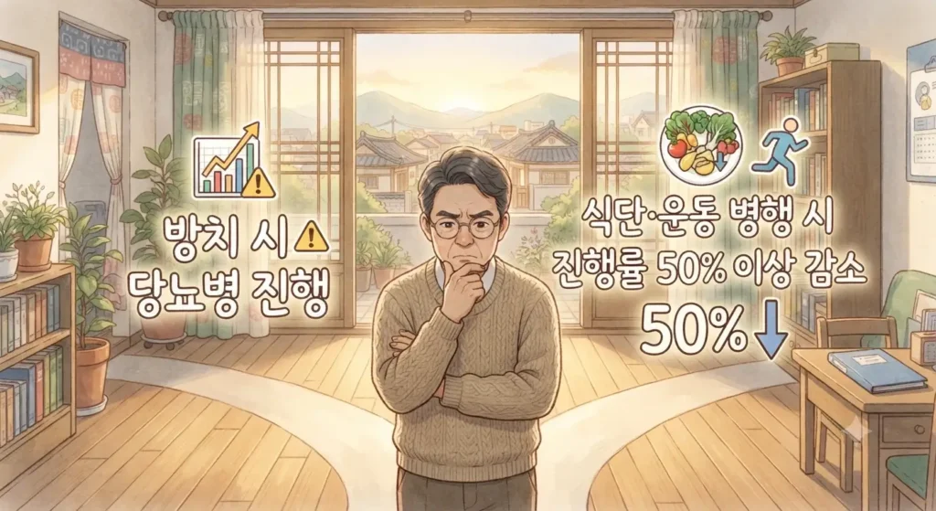당뇨 전단계 식단과 운동으로 당뇨병 진행을 50% 감소시킬 수 있다는 연구 결과를 보여주는 지브리풍 일러스트