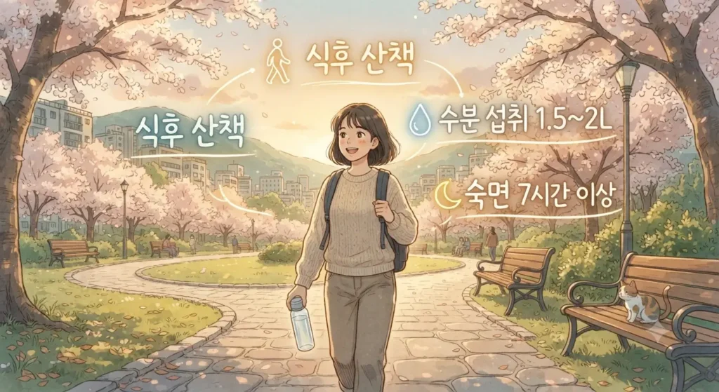 당뇨 전단계 식단과 함께 실천하는 산책, 수분 섭취, 수면 관리 생활습관을 보여주는 지브리풍 일러스트