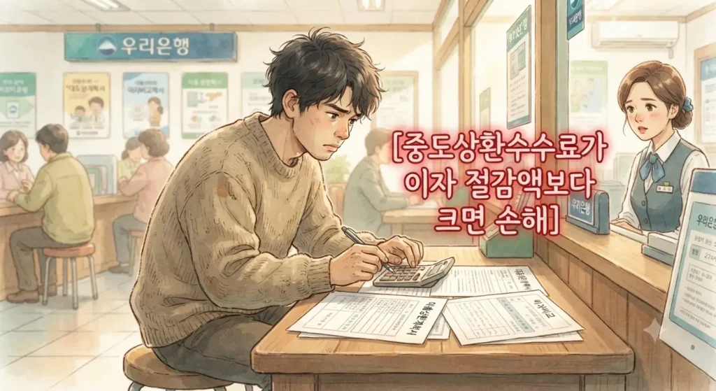 대출 갈아타기 환승대출 조건 신청 시 중도상환수수료 주의사항을 보여주는 지브리풍 일러스트