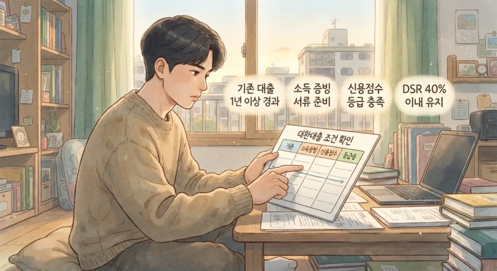 대출 갈아타기 환승대출 조건 핵심 체크리스트를 확인하는 모습을 보여주는 지브리풍 일러스트