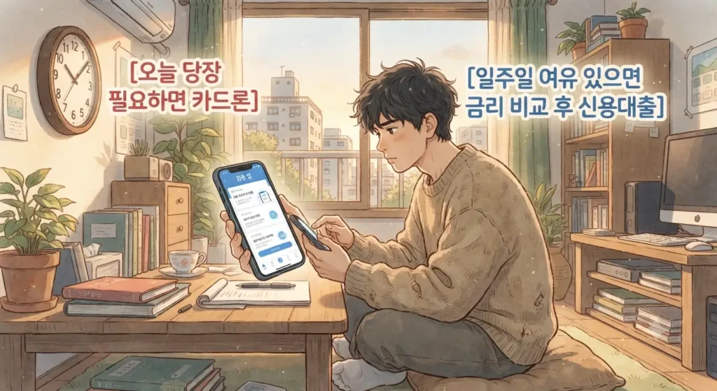 대출 갈아타기 환승대출 조건에 맞춰 금리 인하 전략을 세우는 모습을 보여주는 지브리풍 일러스트