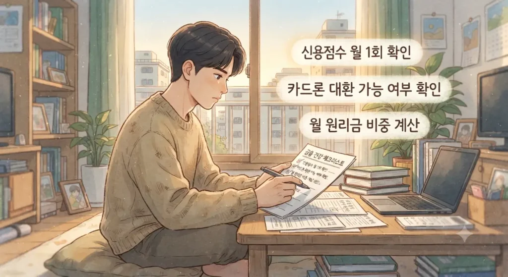 대출 갈아타기 환승대출 조건을 자주 이용하면 신용점수가 하락할 수 있다는 내용을 보여주는 지브리풍 일러스트