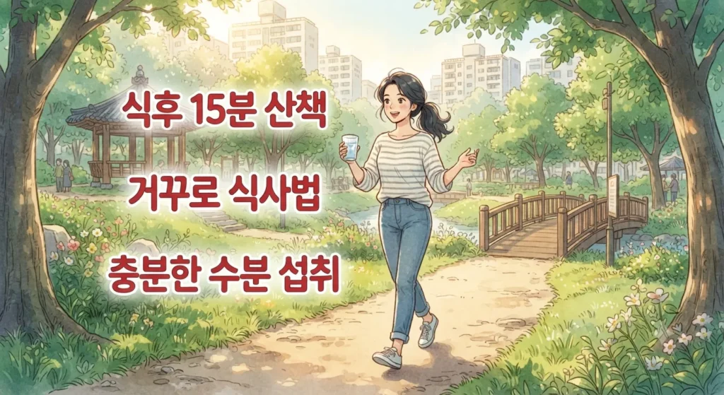 식후 혈당 스파이크 방지를 위한 5가지 핵심 생활 습관을 보여주는 지브리풍 일러스트
