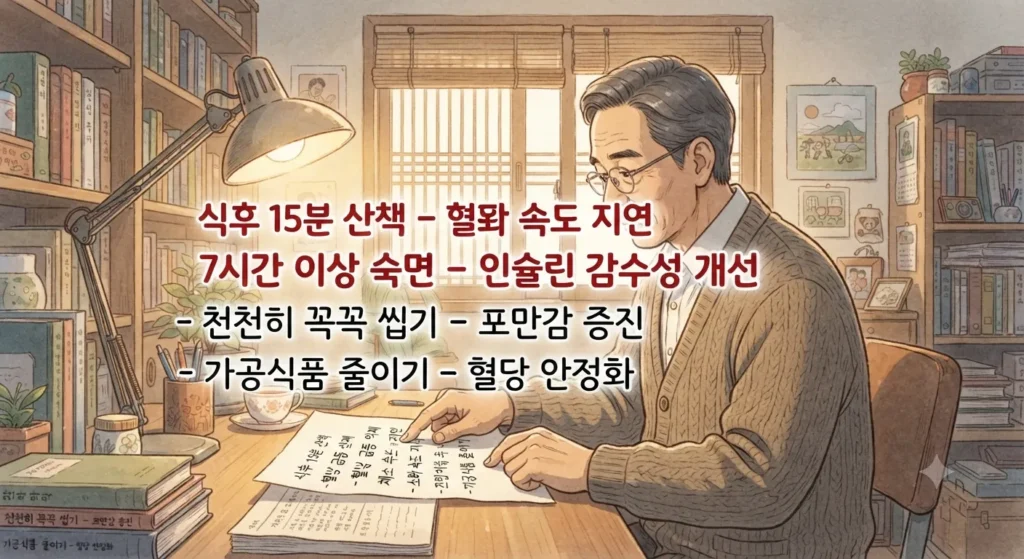 식후 혈당 스파이크 방지를 위한 인슐린 저항성 개선 생활 루틴 비교표를 보여주는 지브리풍 일러스트