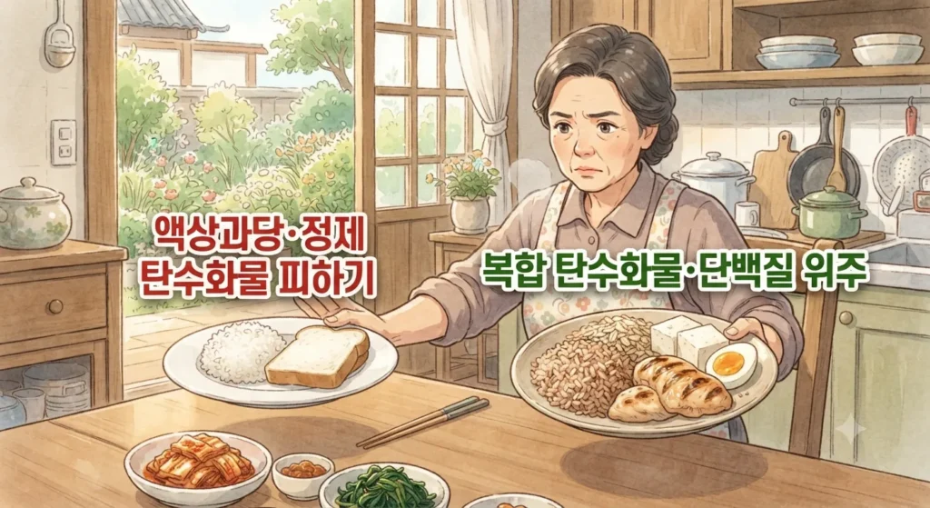 식후 혈당 스파이크 방지를 위해 복합 탄수화물과 단백질 위주 식단을 선택하는 모습을 보여주는 지브리풍 일러스트