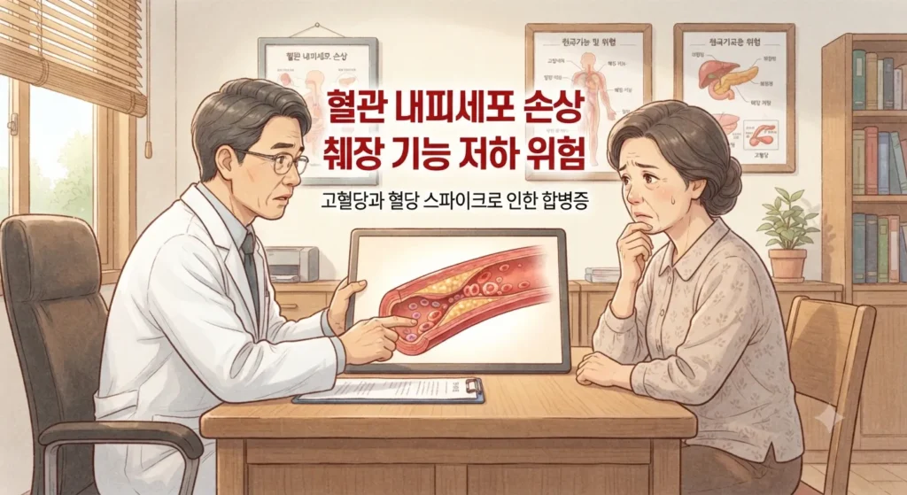 식후 혈당 스파이크 방지를 하지 않으면 혈관과 췌장이 손상될 수 있다는 위험을 보여주는 지브리풍 일러스트