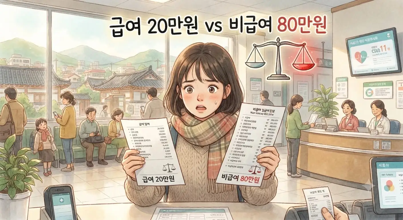 실비보험 비급여와 급여 항목의 보험금 차이에 놀라는 모습을 담은 지브리풍 일러스트