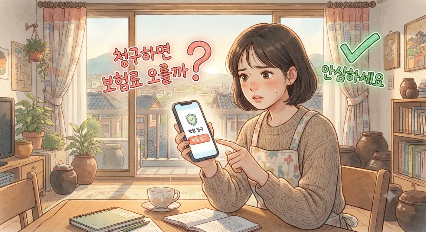 실비보험 청구를 망설이는 사람의 고민을 표현한 지브리풍 일러스트