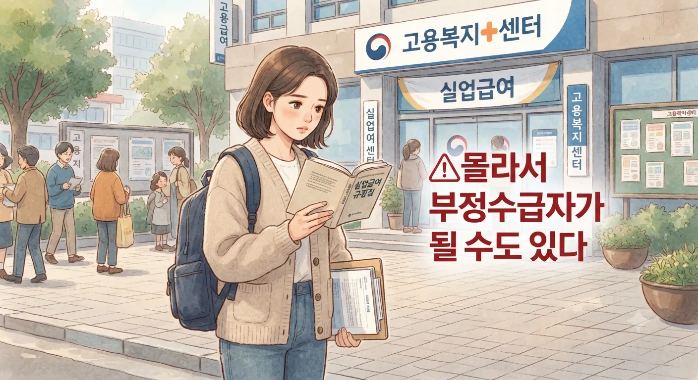 실업급여 금지행동 3가지를 확인하며 부정수급을 예방하려는 모습을 담은 지브리풍 일러스트