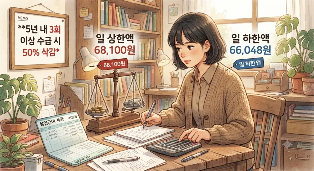 실업급여 신청방법 전 알아야 할 2026년 상한액과 하한액 기준을 보여주는 지브리풍 일러스트