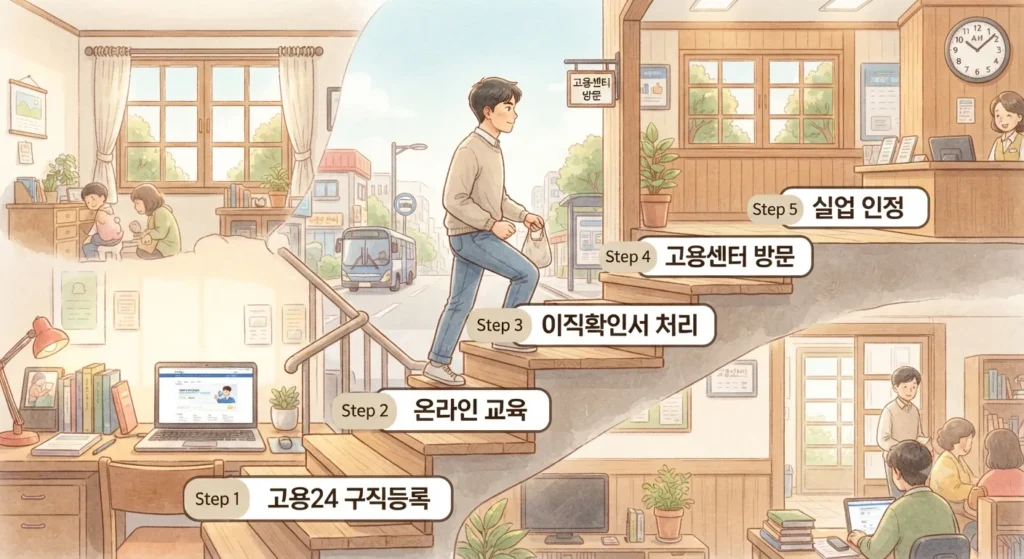실업급여 신청방법 초보자를 위한 5단계 절차를 보여주는 지브리풍 일러스트